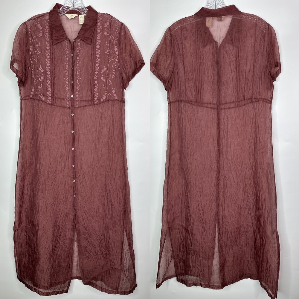 J.Jill Silk Red Sheer Short Sleeve Collared Midi Dress Size Petite Small